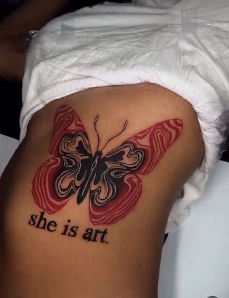 Non Feminine Tattoos, Back Tattoo Drawings Women, Black Female Hand Tattoos, Expanding Butterfly Tattoo, Cover Up Tattoos Side Rib Cage, Waist Tattoos Black Women, Tattoo Ideas Female First Time, She Is Art Back Tattoo, Scandalous Tattoos