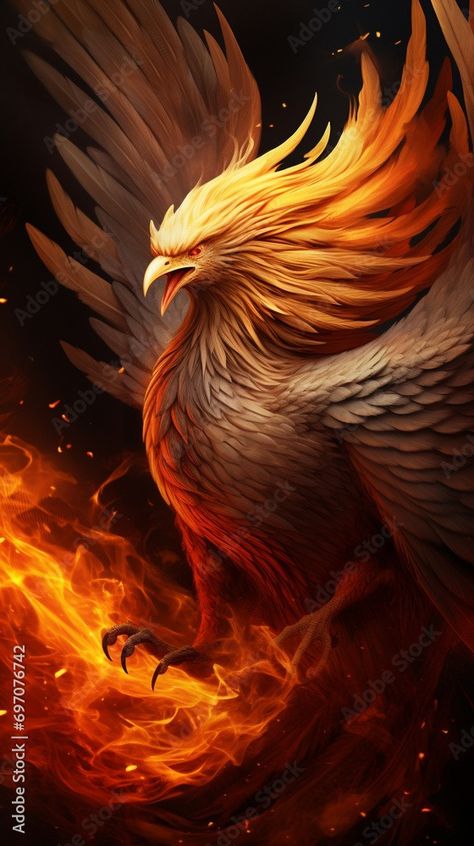 Wallpaper Phoenix digital illustration on black background. HD Background, Phone Wallpaper Stock Illustration | Adobe Stock Phoenix Aesthetic, Black Background Hd, Phoenix Bird Art, Phoenix Wallpaper, Realistic Tattoo Sleeve, Background Phone, Realistic Tattoo, Backgrounds Phone, Phoenix Bird