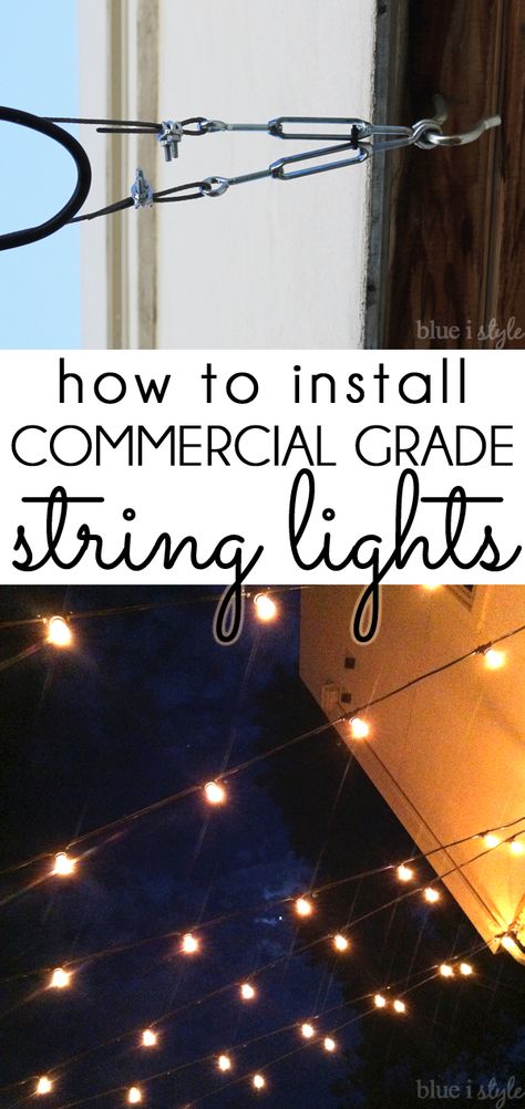 HOW TO HANG PATIO STRING LIGHTS! Commercial grade string lights are ideal for permanent installation in your yard, and can withstand the elements year round. Blue String Lights, Restaurant Patio, Patio String Lights, Backyard Lighting, How To Hang, Outdoor Patio Lights, Patio Lighting, Backyard Projects, Backyard Oasis