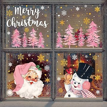 AnyDesign 6 Sheets Christmas Window Clings Vintage Xmas Pink-Gold Santa Snowman Window Decals Double-Sided Bakery Slogans, Holiday Window Decor, Vintage Christmas Theme, Christmas Window Clings, Christmas Shop Window, Christmas Window Painting, Holiday Window Display, Window Mural, A Vintage Christmas