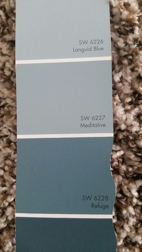 SW 6226 Languid Blue walls for master bedroom SW 6227 Meditative walls for… Sw Languid Blue Paint, Sw 6227 Meditative, Sw Languid Blue, Sw Meditative, Sw Refuge, Blue Color Palette Bedroom, Languid Blue, Garage Hangout, Painting Ideas For Walls