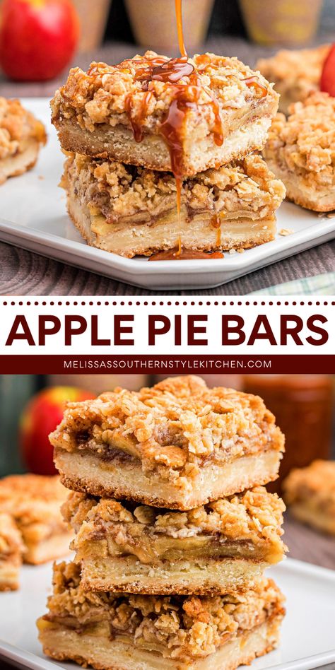 Nothing compares to homemade apple pie bars! They're a sweet treat to make for Thanksgiving. From the shortbread crust to the streusel topping, this Thanksgiving dessert idea is one of the best apple recipes! Apple Pie Shortbread Bars, Apple Bar Cookies, Thanksgiving Brunch Desserts, Apple Pie Oatmeal Bars, Apple Thanksgiving Recipes, Easy Desserts Bars, Apple Desserts Thanksgiving, Apple Streusel Bars, Apple Dessert For Thanksgiving