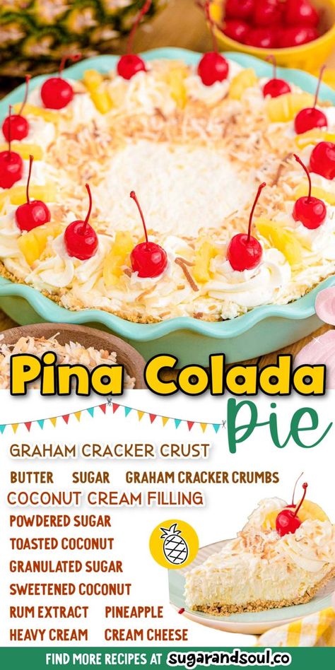 No Bake Pina Colada Pie fills a sweet graham cracker crust with a rum filling that's loaded with crushed pineapple and shredded coconut! Pina Colada Pie Recipe, Pina Colada Pie, Fruit Crisp Recipe, Cool Whip Desserts, Pineapple Dessert, Fabulous Desserts, Filipino Food Dessert, Pineapple Desserts, Sweet Pies