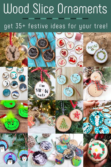 Wood Ornaments Kids Craft, How To Make Wooden Ornaments, Wooden Discs Ideas Tree Slices, Flat Wooden Ornaments Diy, Tree Trunk Ornaments, Christmas Decorations Wood Slices, Crafts With Small Wood Slices, Easy Cheap Christmas Ornaments, Diy Wood Ornaments Kids