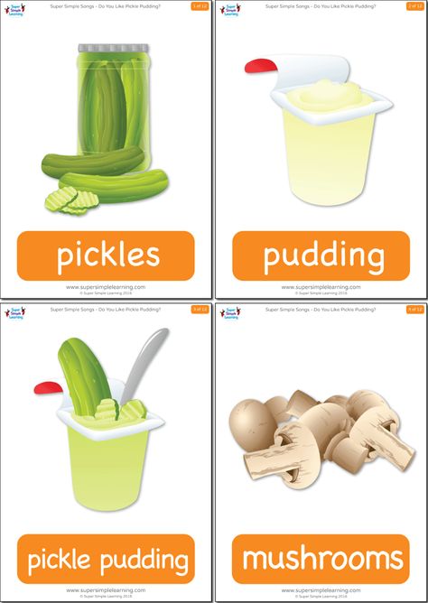 Do You Like Pickle Pudding? Flashcards | Super Simple Food Flashcards, Food Combos, Simple Songs, Learn Singing, Super Simple Songs, Food Resources, Word Wall Cards, Singing Tips, Funny Food