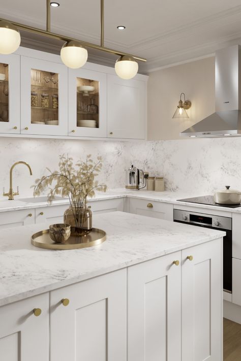 Howdens Chelford, White Marble Kitchen, Classy Kitchen, White Shaker Kitchen, Beige Kitchen, White Kitchen Design, Gold Kitchen, Modern Kitchen Design Luxury, Kitchen Worktop