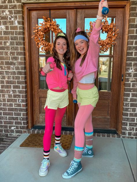 Decades Day Spirit Week Outfit Ideas, Disco Neon Outfit, Neon 70s Outfit, 80s Outfit Ideas Spirit Week, School Decades Day Outfits, 80s Yoga Costume, 80s Outfits Neon, Decades Day Outfits 80s, Decades Day Spirit Week 80s