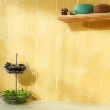 Encaustic Tiles for Floors & Walls | TileBar.com Porcelain Hexagon Tile, Matte Porcelain Tile, Decorative Wall Tiles, Yellow Tile, Matte Tile, Unique Flooring, Yellow Bathrooms, Encaustic Tile, Porcelain Floor