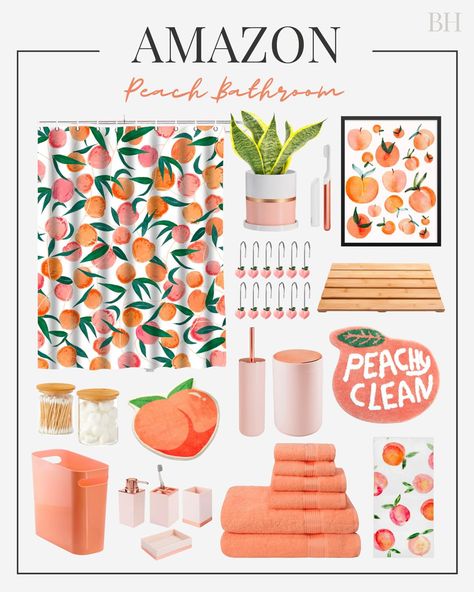 Check out this photo from brookehend_ Peaches Bathroom Decor, Peachy Clean Bathroom Decor, Citrus Bathroom Decor, Peachy Bathroom Decor, Fruit Bathroom Theme, Peach And Green Bathroom, Pink Orange Bathroom, Peachy Clean Bathroom, Peach Themed Bathroom