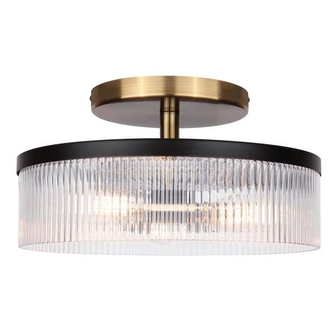 Sparkling light passes through glamourous fluted glass to create the drum shade of the Novara ceiling light! This stunning addition to your space is sleek and stylish and captures attention as a gorgeous visual centerpiece. Perfect for brightening small areas or creating a more luxurious look for low ceilings, this fixture is the chic option for illuminating your space! Entryway Light Fixtures, Gold Light Fixture, Laundry Room Lighting, Low Ceiling Lighting, Entry Lighting, Black Light Fixture, Bedroom Light Fixtures, Light Ideas, Mount Ceiling Lights