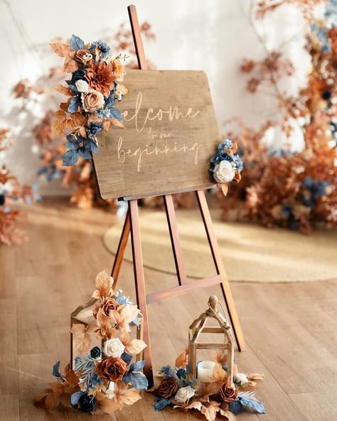 Denim Blue Wedding, Flower Swag, Swag Design, Wedding Flower Packages, Flower Tie, Future Wedding Plans, Wedding Theme Colors, Flower Packaging, Orange Wedding