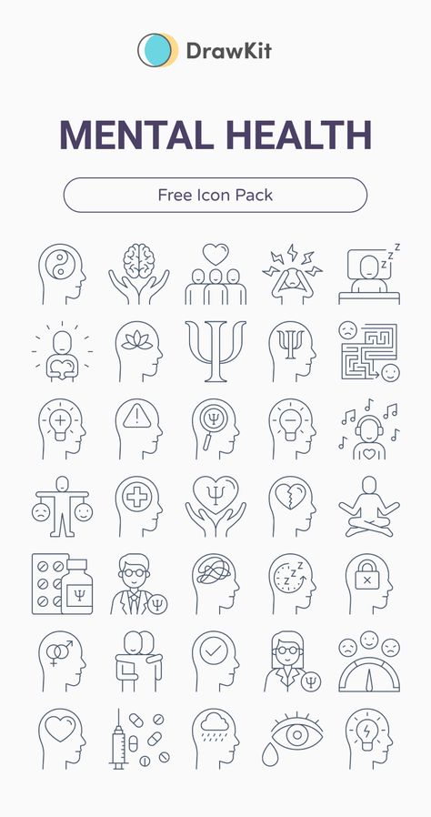 Mental health and well-being free vector icons. All about therapy, psychology, bipolar, stress, disorder, illness, self-care. Your modern, minimalist, trendy and editable illustration for your design and website projects. UI/UX design inspiration #ui/ux #productdesign #ui #ux #illustration #vectorfree #vectorart Psychology Website Design Inspiration, Symbols For Mental Health, Mental Health Website Design, Psychology Tattoo Ideas Symbols, Psychology Doodles, Psychology Project Ideas, Psychology Logo Design Art, Self Care Icon, Therapy Symbols