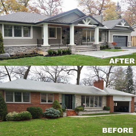 I’m a huge fans of 1950s and ‘60s ranch homes. I posted this a while back but it has since been replaying in my mind so I thought a reshare… House Accents Exterior, Crawl Space House Exterior, Half Brick Half Siding Exterior Ranch Remodel, Low Pitch Roof House Exterior Remodel, House Add On, Modular Home Remodel Exterior, Sunroom Front Of House, Red Brick House Exterior Makeover, Low Pitch Roof House Exterior