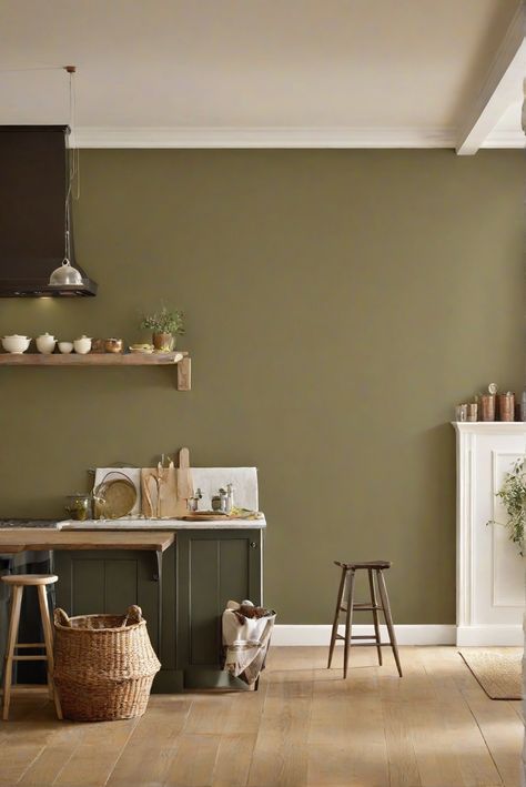 home decor interior design, interior bedroom design, designer wall paint, home paint colors Moss Green Kitchen Walls, Sw Olive Grove, Olive Kitchen Walls, Olive Grove Sherwin Williams, Olive Green Paint Colors, Green Walls Kitchen, Green Interior Paint, Kitchen Feature Wall, Olive Green Kitchen