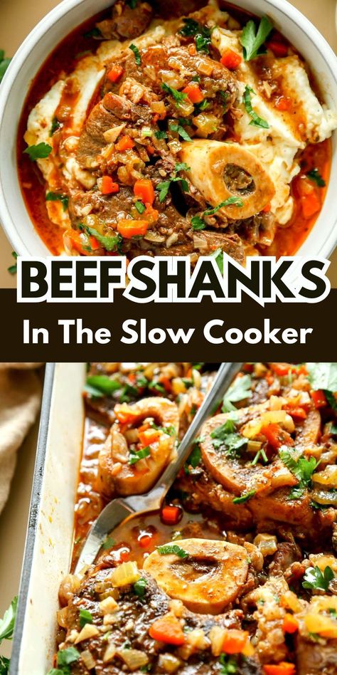 This Slow Cooker Beef Shank Recipe is perfect for those who love a hearty, comforting meal. The slow-cooked beef shank is cooked to perfection in a rich, tomato-based sauce that is full of flavor #beefshanks #beef #slowcooker Beef Bone Soup Crockpot, Shin Beef Recipes, Shank Steak Recipes Beef, Cross Cut Shank Recipes, Beef Shank Recipes, Shank Bone Recipes, Shanks Recipe, Crock Pot Beef Shank, Beef Shank Crockpot