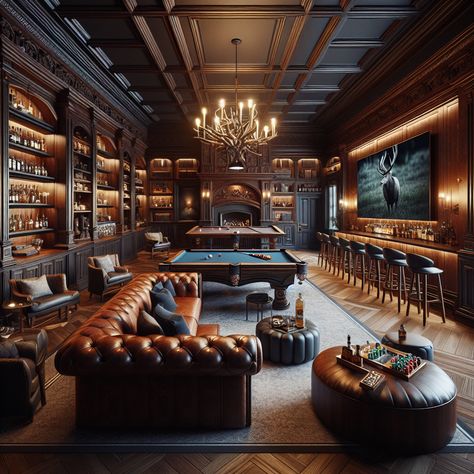 Immerse yourself in a gentleman's retreat, featuring a game room for the modern man. The space is packed with a plush leather couch, mahogany pool table, sleek poker table, stocked bar, vintage decor, and top-notch sound system. #ModernManCave #GentlemansRetreat #LuxuryGameRoom #HomeBar #VintageDecor #PremiumEntertainment. Hacienda Interior, Gentlemans Room, Bar Lounge Room, Modern Hacienda, Whiskey Lounge, Bourbon Room, Pool Table Room, Whiskey Room, Captivating Aesthetic