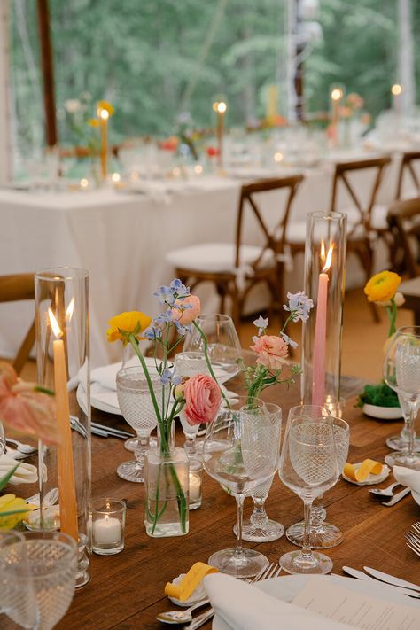 Farm Table Wedding Decor Bud Vases, Wedding Tables With Food, Wildflower Wedding Ceremony Altars, Wedding Flowers Garden Party, Candles In Votives Wedding, Single Flowers In Vases Wedding, Bud Vase Runner Wedding, Colored Candle Sticks Wedding, Mismatched Napkins Wedding