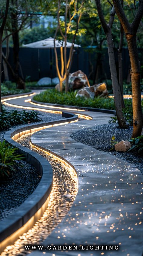 a close up of a pathway with lights on it in a park التصميم الخارجي للمنزل, Modern Backyard, Backyard Lighting, Outdoor Gardens Design, Led Outdoor Lighting, Outdoor Decor Backyard, Garden Path, Backyard Patio Designs, Dream House Exterior