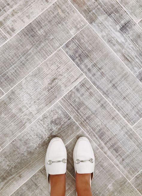 Herringbone Tile To Wood Transition, Floor Alternatives, Wood Floor Alternative, Carport Enclosure, Tile Bathroom Floors, Wood Like Tile Flooring, Gray Wood Tile Flooring, Flooring Transitions, Tile To Wood Transition