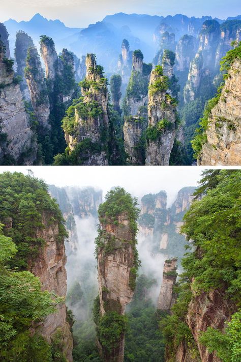 The Zhangjiajie National Forest Park is China's first national park and is known for its vertical stone pillars. Stone Forest China, Zhangjiajie National Forest Park, Stone Forest, Huangshan, World Most Beautiful Place, Bg Design, Japan Vacation, Stone Pillars, Love Background Images