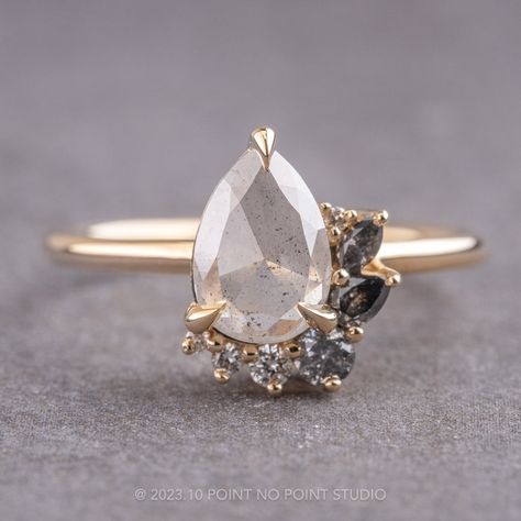 1.53 Carat Salt and Pepper Pear Diamond Engagement Ring, Willow Setting, 14K Yellow Gold Point No Point Studio Ring, Pear Diamond Engagement Ring, Ring Inspo, Cute Engagement Rings, Shiny Objects, Unique Diamond Rings, Pepper Diamond, Pear Engagement Ring, Dream Engagement Rings