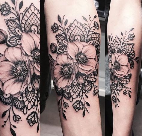 Poppies and lace. Lace Flower Tattoos, Lace Sleeve Tattoos, Pearl Tattoo, Lace Tattoo Design, Tattoo Zeichnungen, Flower Tattoo Sleeve, Lace Tattoo, Full Sleeve Tattoos, Sleeve Tattoos For Women