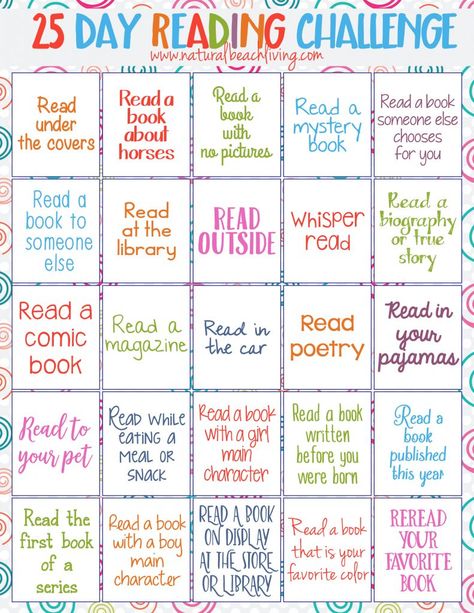 Perfect 25 Day Reading Challenge for Kids, kids reading activities, free printables reading challenge, Fun Book Ideas, Reading is important, Kids Books Reading Challenge For Kids, Summer Reading Activities, Reading Bingo, Fun Reading Activities, Reading Incentives, Summer Reading Challenge, Kids Book Club, Reading Charts, Reading Motivation