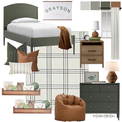 Dark Grey Playroom, Framed Bedroom Wall, Bedroom Idea Board, Office Space In Open Concept Living Room, Boys Furniture Bedroom, Boys Neutral Bedding, Yellowstone Room Decor, Boys Room Grey Bed, Landing Furniture Ideas