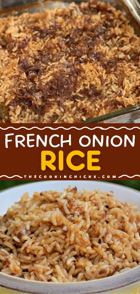 Want more yummy casserole recipes? Learn how to make French Onion Rice! It's easy to do with just 4 ingredients. Rich and creamy, this french onion soup rice is a delicious side dish everyone will love! White Rice Casserole Recipes, Rice Peppers And Onions, Different Ways To Cook Rice, Cheap Rice Dinners, Minute Rice Recipes Side Dish, Recipe Using French Onion Soup, Onion Soup Rice, French Onion Rice, Quick And Easy Side Dishes