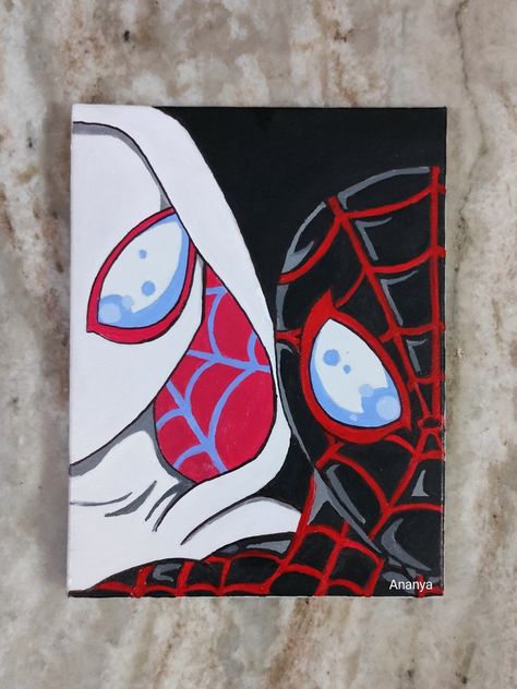 Spiderman And Spider Gwen Painting, Spider Man And Gwen Painting, Morales And Gwen, Spiderman Posca Art, Spidergwen Painting, Spider Man And Gwen Drawing, Poster Board Drawing Ideas, Spiderman And Spider Gwen Drawing, How To Paint Spiderman