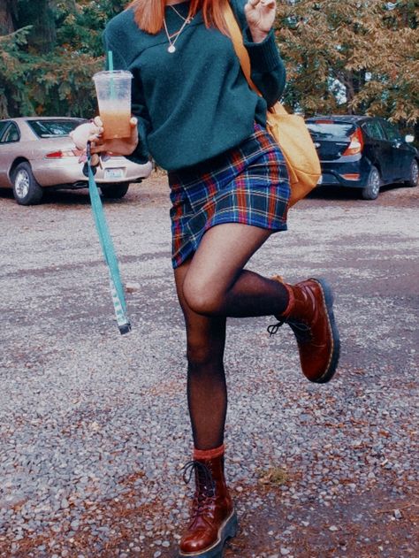 #fashion #alt #style #edit #colorful #retro #color #alternative #looks #pose #90's #preppy #plaid #docs #docmartains Casual Plaid Skirt Outfit, Outfit With Plaid Skirt, 90s Preppy Outfits, Plaid Mini Skirt Outfit Fall, Vintage Outfits 90s Retro Skirt, Plaid Pencil Skirt Outfit, Plaid Skirt Outfit Fall, Outfits With Plaid Skirts, Plaid Mini Skirt Outfit