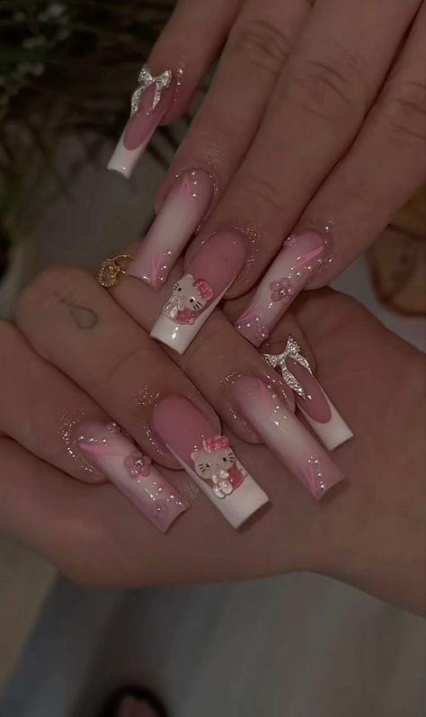 Hello Kitty Set Nails, Hello Kity Nails Acrylic, Acrylic Hello Kitty Nails, Long Crazy Nails, Cute Lilac Nails, Hello Kitty Birthday Nails, Birthday Nails Square Long, Long Hello Kitty Nails, Kawaii Nails Long