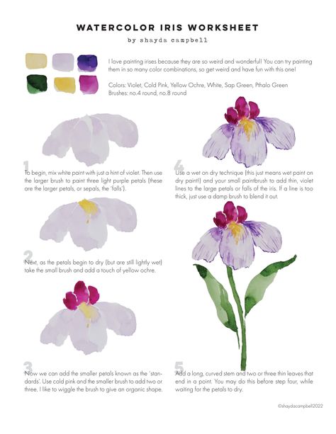 How To Color Flowers, Watercolor Art For Beginners Simple Flowers, Watercolor Flowers Tutorial Step By Step, Watercolor Simple Art, How To Paint Watercolor Flowers, Step By Step Flower Painting, Flowers Watercolor Paintings, Watercolor Flower Tutorial, Watercolor Worksheet