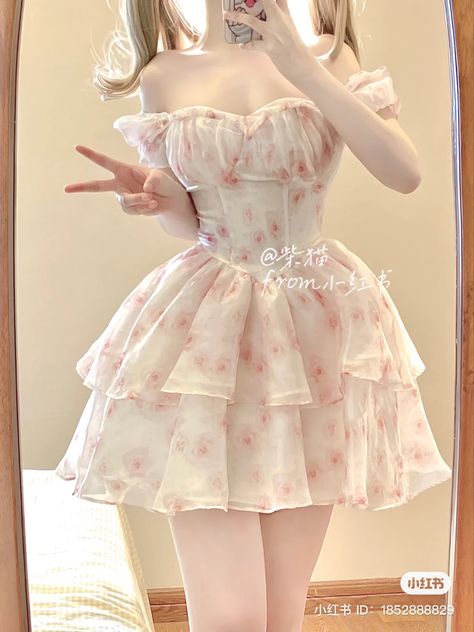 Puffy Dresses Short Casual, Soft Dress Outfit, Cute Dresses Coquette, Ethereal Core Outfits, Cute Fluffy Dresses, Cute Outfits Dresses Girly, Bloomcore Outfits, Cocette Aesthetic Outfits, Vestido Coquette