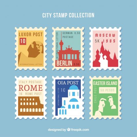 City stamps collection in flat style | Free Vector #Freepik #freevector #travel #city #stamp #world Post Stamp Design Ideas, Travel Stamp Design, City Stickers Design, Stamp Poster Design, Post Stamp Design, Stamp Design Ideas, Mail Stamp Design, Stamps Illustration, Travel Graphic Design