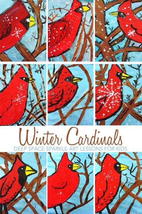 How to draw and paint a winter cardinal. Great winter art and craft project for kids ages 8-10 Winter Art And Craft, Winter Cardinals, Winter Art Lesson, Deep Space Sparkle, Winter Cardinal, Christmas Art Projects, 2nd Grade Art, Winter Art Projects, 4th Grade Art