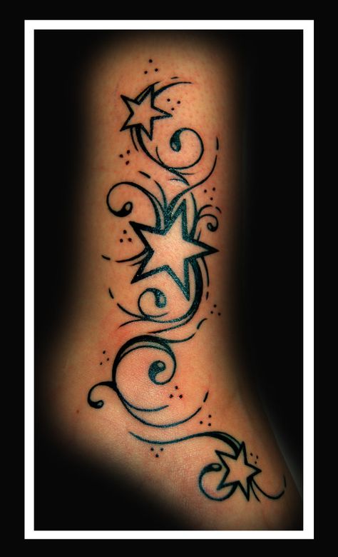 stars and swirls Star Sleeve Tattoo, Star Foot Tattoos, Stars And Swirls, Star Swirl, Shooting Star Tattoo, Swirl Tattoo, Snow Flake Tattoo, Star Tattoo Designs, Foot Tattoos For Women