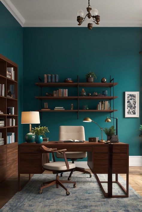 calm atmosphere, peaceful environment, interior decoration, home office design Teal Home Office Ideas, Teal Accent Wall Office, Teal Office Ideas, Home Office Teal, Teal Home Office, Turquoise Office, Teal Office, Shared Home Office, Teal Accent Walls