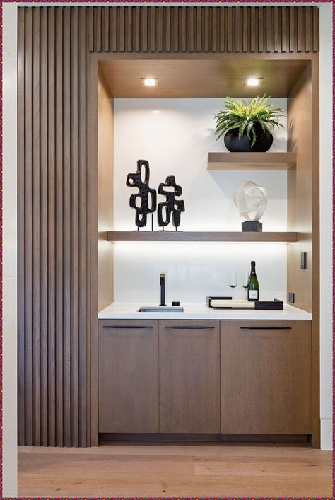 Hotel Room Bar Cabinet, Built In Nook Living Room, Hotel Pantry Design, Wet Bar Bedroom, Dining Room Design With Bar, Wet Bar With Shelves, Wet Bar In Bedroom, Kitchenette In Living Room, Wet Bar With Full Size Refrigerator