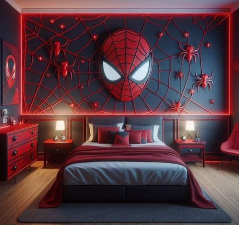 Spiderman Room Aesthetic, Spider Man Bedroom Ideas, Spiderman Bedroom, Man Bedroom, Spiderman Room, Marvel Room, Kids Bedroom Inspiration, Bedroom False Ceiling Design, Bedroom Decor Inspiration