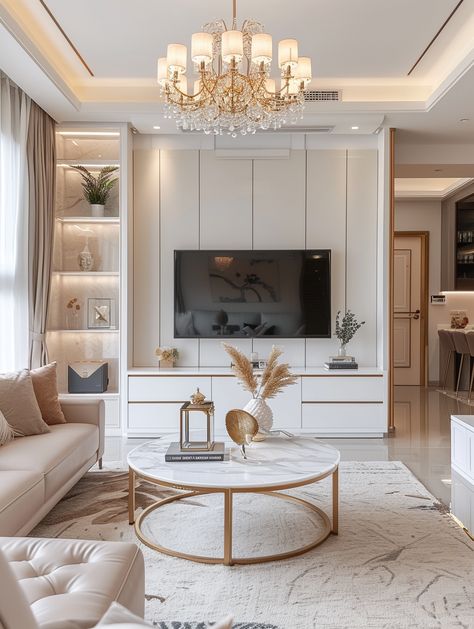 Gold Accent Interior Design, Neutral And Gold Apartment, White Tv Units Living Room, Bedroom Inspirations Classy, Gold White Living Room, Cream White Living Room, Living Room Modern Ideas, White And Beige Living Room, Cream And Gold Living Room