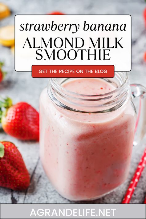 Strawberry Banana Almond Milk Smoothie - A Grande Life Almond Milk Banana Smoothie, Strawberry Banana Almond Milk Smoothie, Healthy Strawberry Banana Smoothie, Almond Milk Fruit Smoothie, Almond Milk Smoothie, Banana Strawberry Smoothie, Banana Smoothie Recipe Easy, Almond Milk Smoothie Recipes, Sugar Free Smoothies