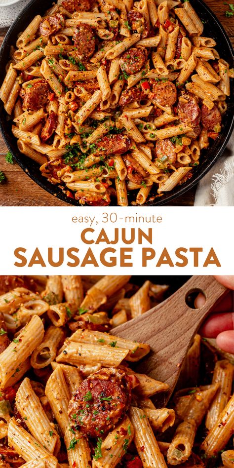 This cajun sausage pasta has a bold and spicy flavor profile and is full of vibrant colors. The noodles and smoky andouille sausage are coated in a rich and creamy Cajun-inspired sauce. Cajun Shrimp Pasta With Sausage, Andouille Sausage Pasta, Shrimp And Sausage Pasta, Creamy Cajun Shrimp, Cajun Sausage Pasta, Andouille Sausage Recipes, Linguini Pasta, Creamy Cajun Shrimp Pasta, Shrimp And Sausage