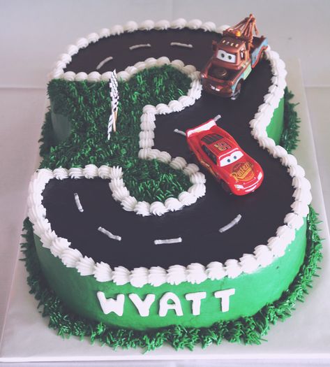 Birthday Cake Ideas For 3 Year Boy, Car Cake 3rd Birthday, Birthday Cake For Toddler Boy, Young Fast And Three Birthday, Toddler Boy Birthday Cake, Cake Cars Theme, Number 2 Cake Cars, Cake Cars Birthday, Number 3 Car Cake