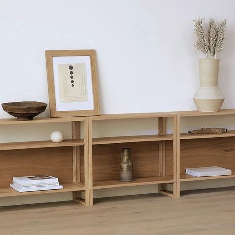 Low Open Shelves, Diy Low Shelf, Low Book Shelf, Japandi Bookshelf, Long Low Bookcase, Bookshelf Console, Console Bookshelf, Short Bookcase, Short Bookshelf