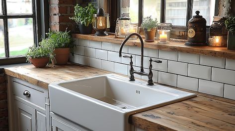 Cozy kitchen with a farmhouse sink butcher block countertops and subway tile backsplash | Premium AI-generated image Farmhouse Sink Butcher Block Countertops, Apron Sink With Butcher Block Counter, Backsplash For Butcher Block Countertops, Farmhouse Sink With Butcher Block, Butcher Block Countertops Bathroom, Apron Sink Kitchen Butcher Block Countertops, Undermount Kitchen Sinks Butcher Block, Under Mount Kitchen Sink Butcher Block, Corner Sink Kitchen Butcher Block