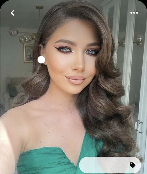 Curl Hair Styles Prom, One Side Waves Hairstyles, Curls For Bridesmaid, Side Part Curls Prom, Hollywood Wave Bridesmaid Hair, Side Waves Hairstyle Wedding, Glam Side Part Hair, Evening Gown Hairstyles For Long Hair, Bridesmaid Hair Down Side Part