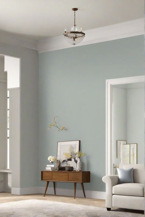 misty wall paint, living room design, paint colors, interior decor Colour Combo For Living Room, Dusty Blue Wall Paint, Piedmont Sherwin Williams, Interior Paint For Small House, Room Paint Colors Combination, Sitting Room Wall Painting Ideas, Sw Misty Paint, Hallway Wall Color Ideas, Home Wall Colour Combination