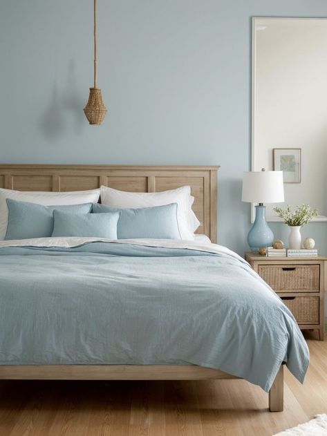 Create a tranquil space by painting one wall a light blue shade to serve as a soothing accent. Pair it with crisp white bedding, and add natural elements like a wooden dresser or wicker chair for a refreshing touch. Pale Blue Accent Wall, Light Blue Master Bed, Light Blue Wall Colors Bedroom, Light Blue And Tan Bedroom, Light Blue Headboard Bedroom, Light Blue Wall Bedroom Ideas, Light Blue Wall Bedroom, Light Blue Accent Wall Bedroom, Light Blue Walls Bedroom