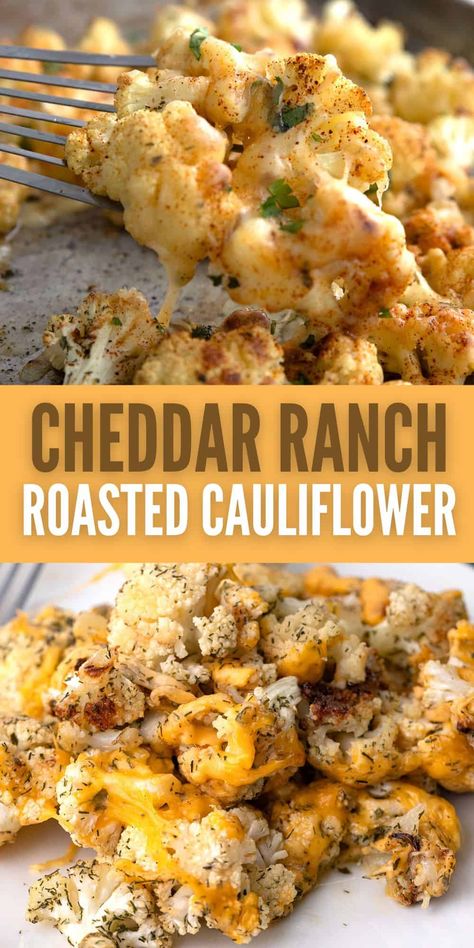 With the tangy flavors of cheddar cheese and ranch seasoning, this easy roasted cauliflower recipe is destined to become a new favorite side dish. Ranch Cauliflower Recipes, Easy Roasted Cauliflower Recipes, Cauliflower Side Dish Recipes Healthy, Cauliflower Rice Side Dish Recipes, Dinner Sides Easy Healthy, Seasoned Vegetables Recipe, Delicious Veggie Sides, Meatless Meals Low Carb, Smash Cauliflower Recipes